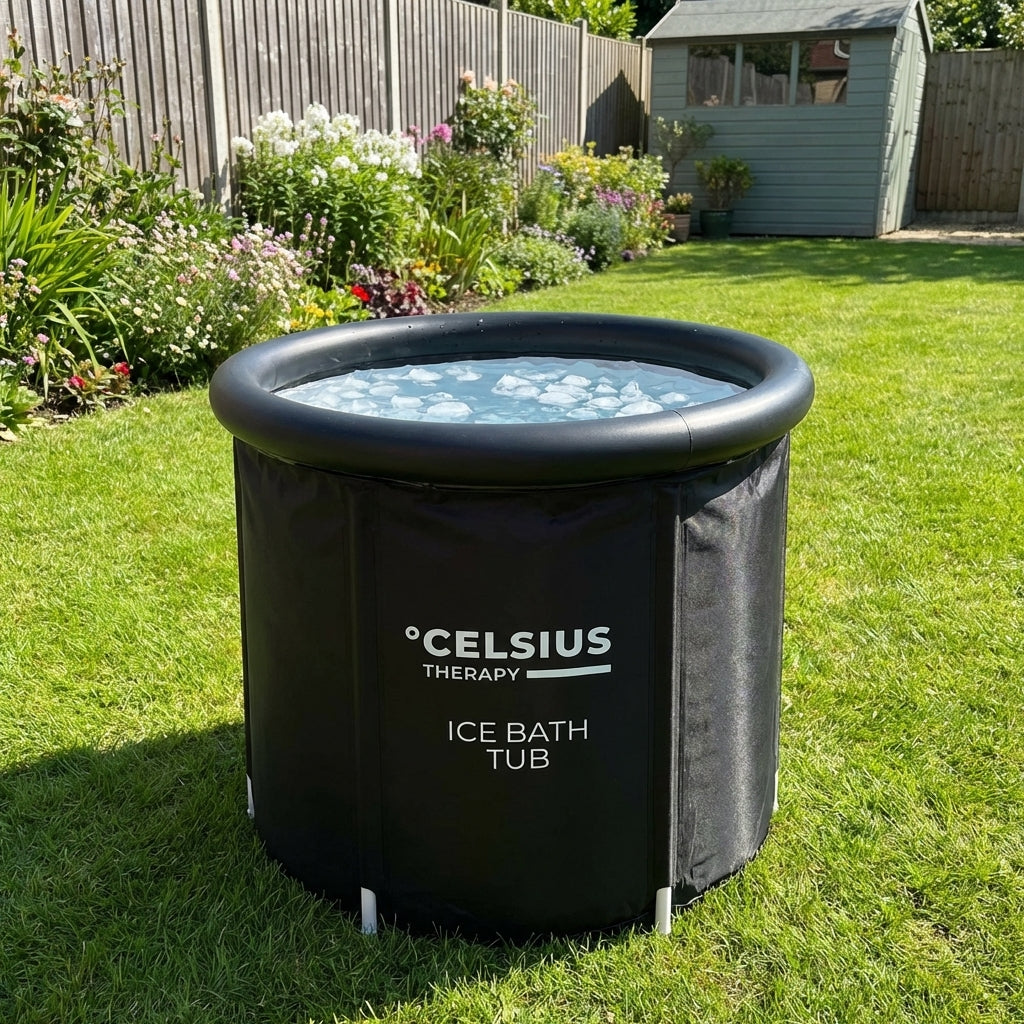 Ice bath tub with Celsius Therapy branding on a grassy lawn