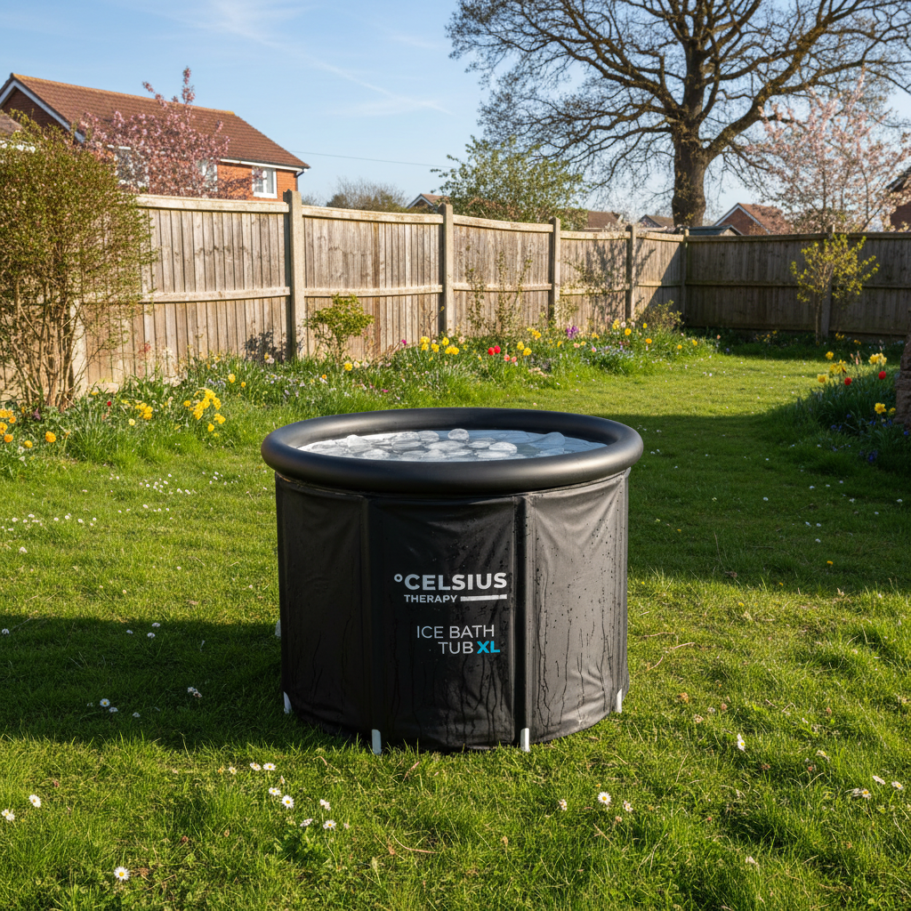 Celsius Ice Bath Tub XL on grass with flowers and trees in the background