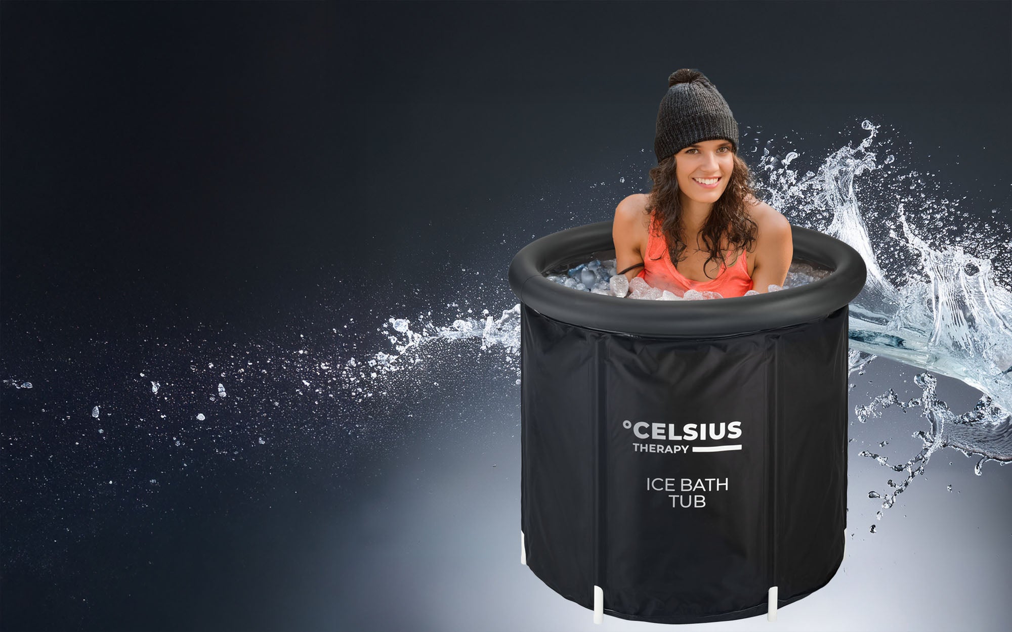 Lady sat in an Ice Bath Tub with icy water with an abstract splash of water in the background